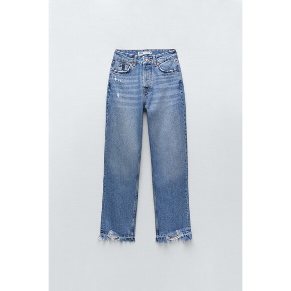 Blue Denim Zara High-Waisted Cropped Fringed Raw Hem Jeans (NWT) - Picture 7 of 10